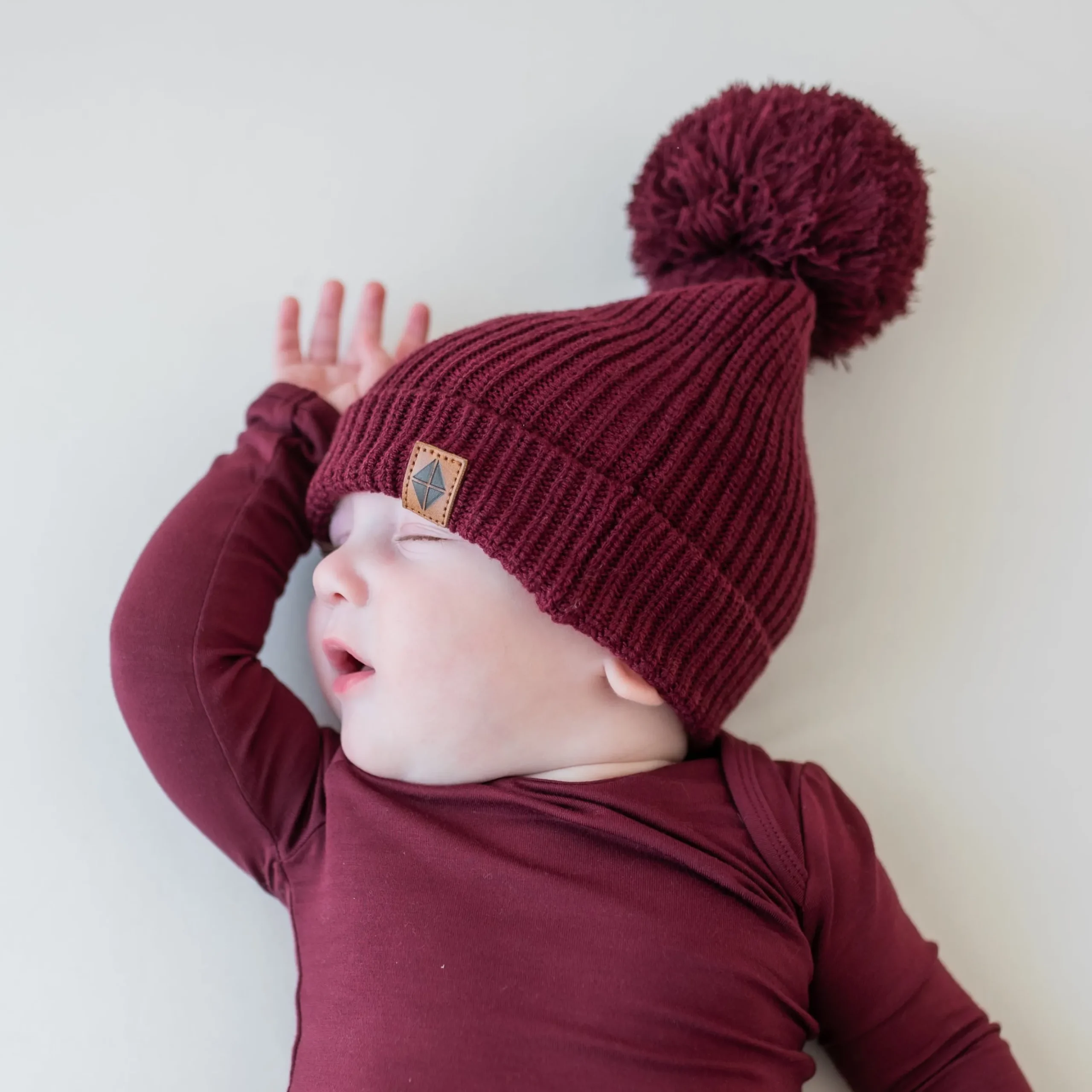 Chunky Knit Pom Beanie in Burgundy