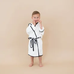 Hooded Bath Robe in Cloud with Midnight Trim