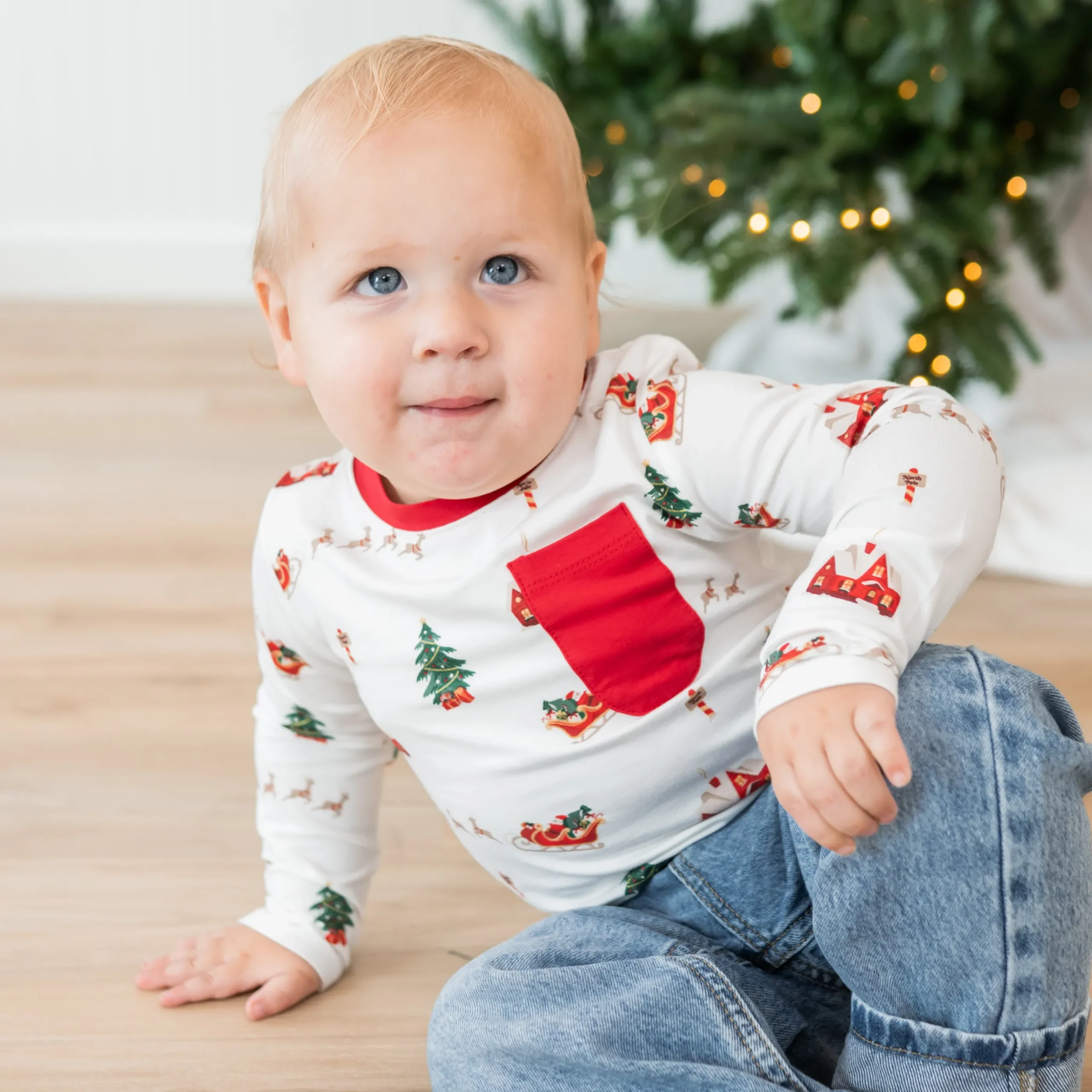 Long Sleeve Toddler Crew Neck Tee in Santa Sleigh