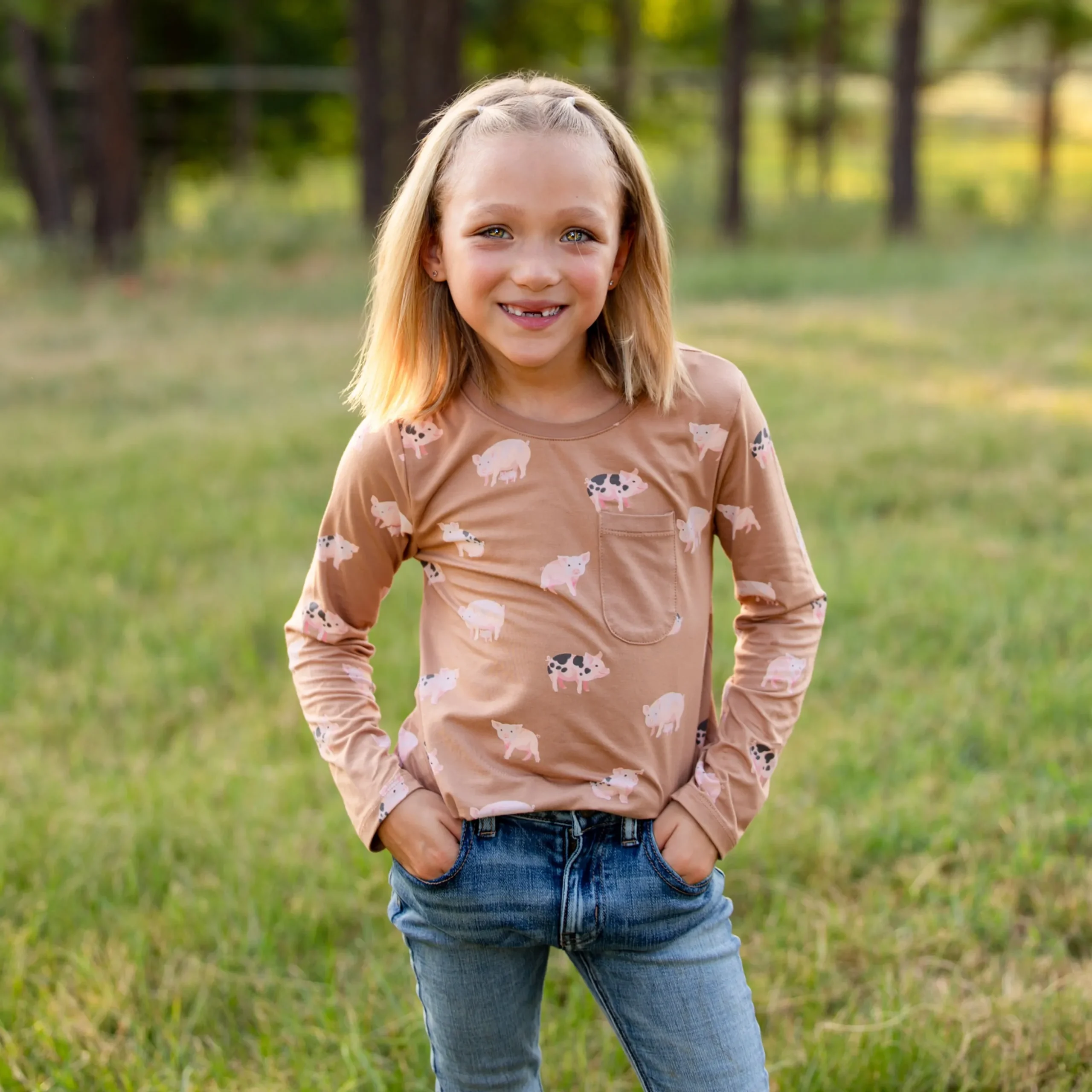 Long Sleeve Toddler Crew Neck Tee in Pig
