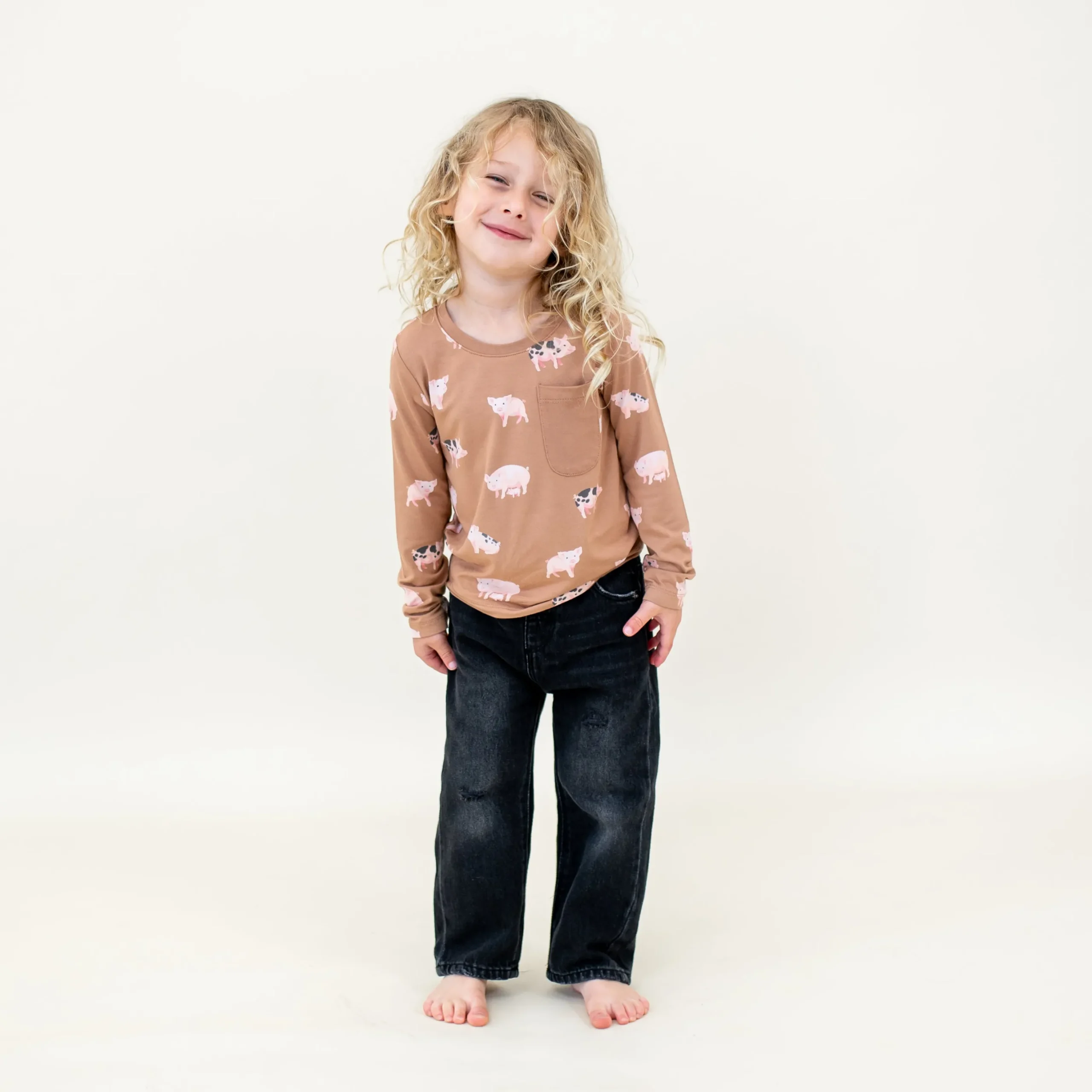 Long Sleeve Toddler Crew Neck Tee in Pig