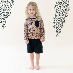 Long Sleeve Toddler Crew Neck Tee in Latte Leopard