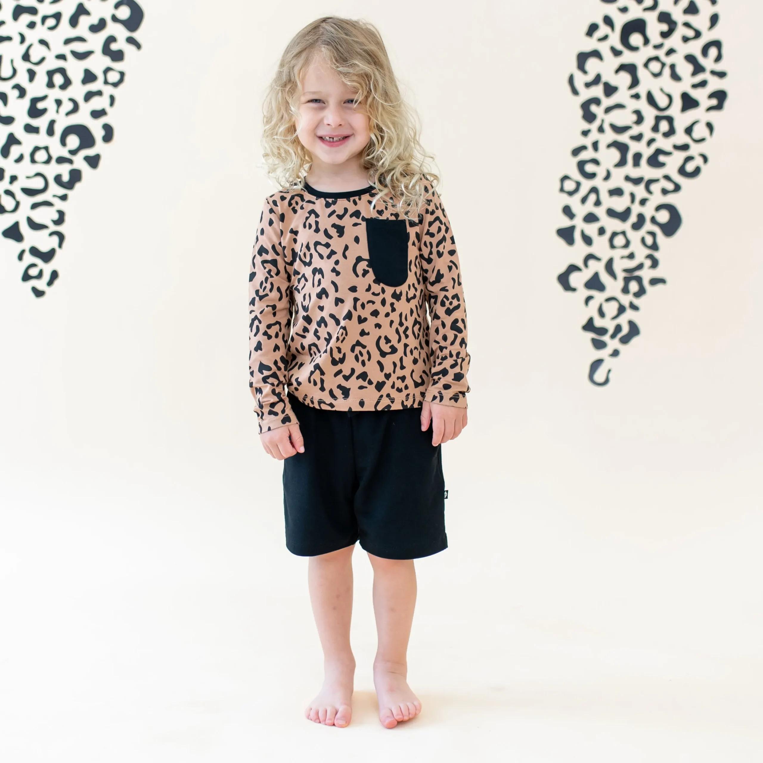 Long Sleeve Toddler Crew Neck Tee in Latte Leopard