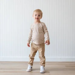 Long Sleeve Toddler Crew Neck Tee in Gingham Bisque