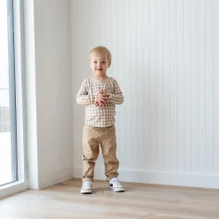 Long Sleeve Toddler Crew Neck Tee in Gingham Bisque