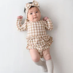 Long Sleeve Twirl Bodysuit Dress in Gingham Bisque
