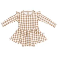 Long Sleeve Twirl Bodysuit Dress in Gingham Bisque