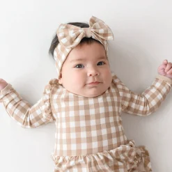 Long Sleeve Twirl Bodysuit Dress in Gingham Bisque