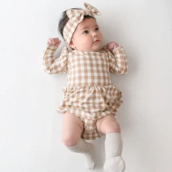 Long Sleeve Twirl Bodysuit Dress in Gingham Bisque