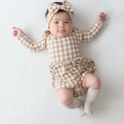 Long Sleeve Twirl Bodysuit Dress in Gingham Bisque