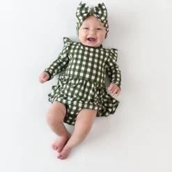 Long Sleeve Twirl Bodysuit Dress in Gingham Fir