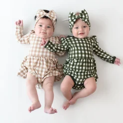 Long Sleeve Twirl Bodysuit Dress in Gingham Fir