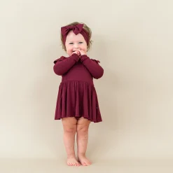 Long Sleeve Twirl Bodysuit Dress in Burgundy
