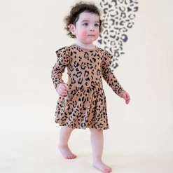 Long Sleeve Twirl Bodysuit Dress in Latte Leopard