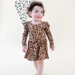 Long Sleeve Twirl Bodysuit Dress in Latte Leopard