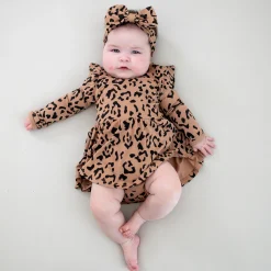 Long Sleeve Twirl Bodysuit Dress in Latte Leopard