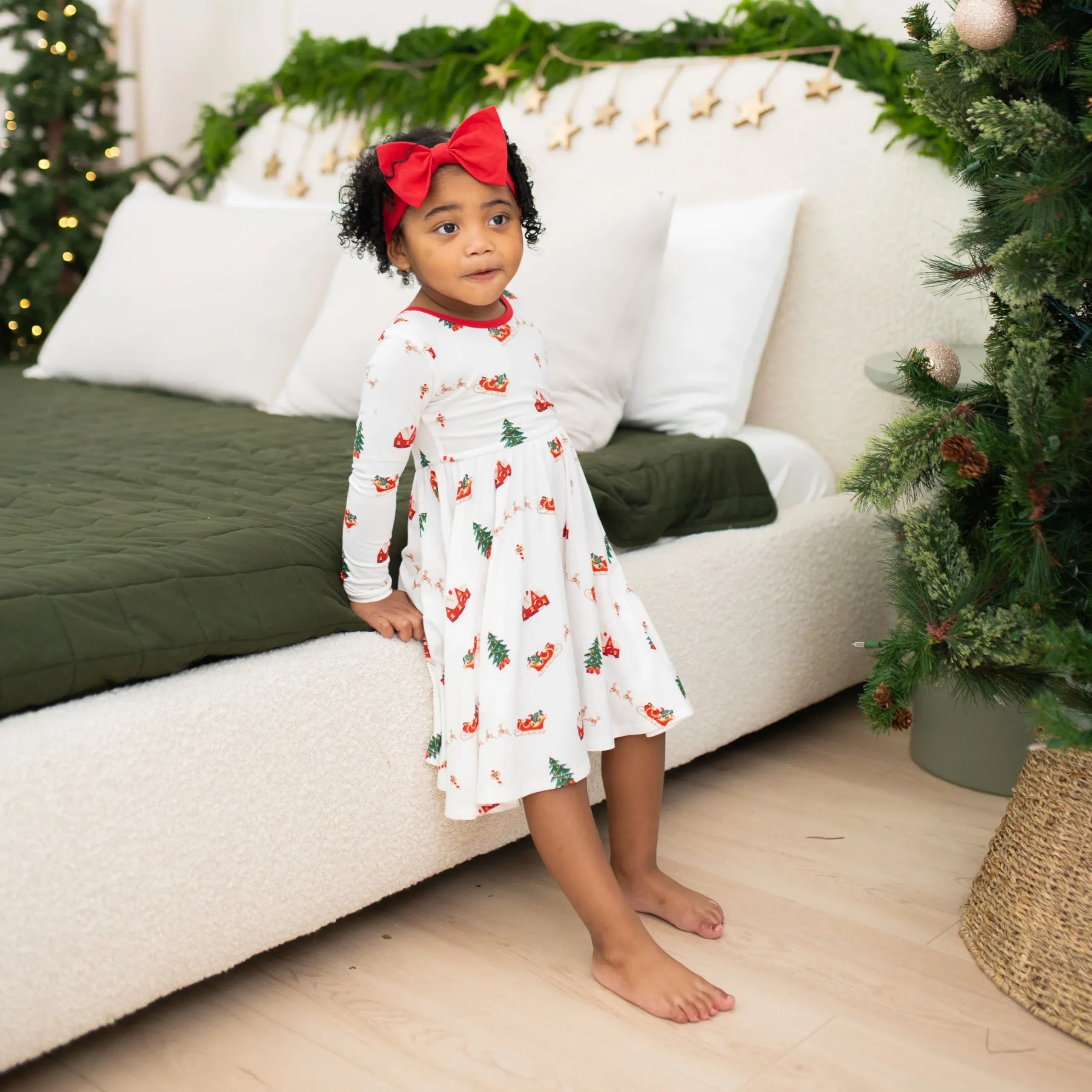 Long Sleeve Twirl Dress in Santa Sleigh