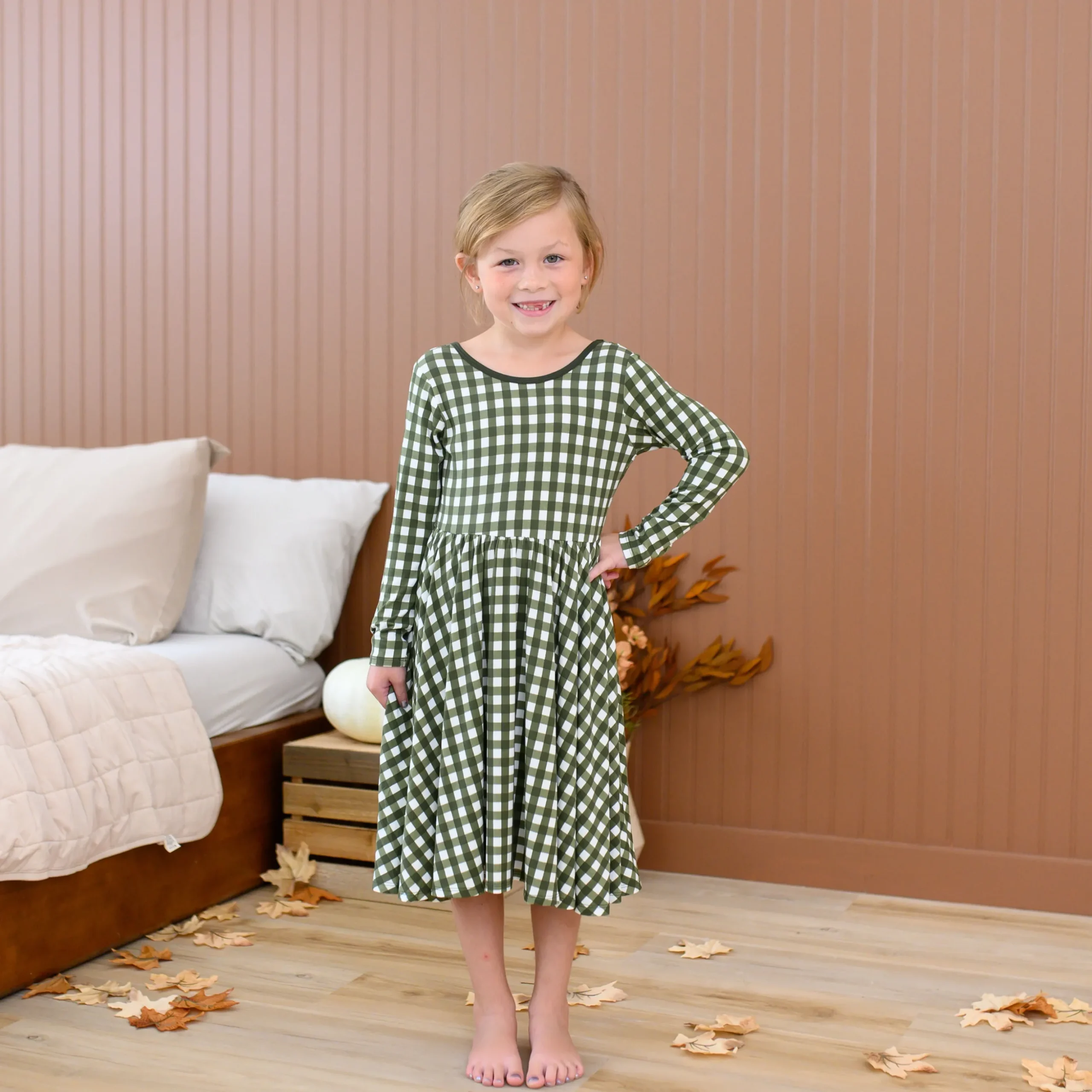 Long Sleeve Twirl Dress in Gingham Fir