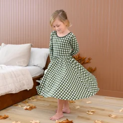 Long Sleeve Twirl Dress in Gingham Fir
