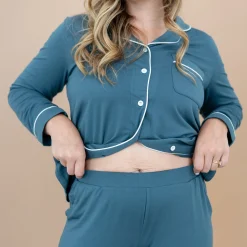 Long-Sleeved Women's Pajama Set in Atlantic with Cloud Trim