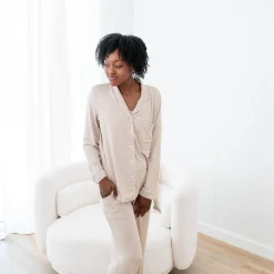 Long-Sleeved Women's Pajama Set in Bisque with Cloud Trim