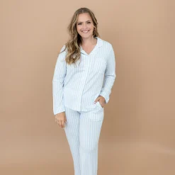 Long-Sleeved Women's Pajama Set in Small Mist Stripe with Cloud Trim