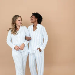 Long-Sleeved Women's Pajama Set in Small Mist Stripe with Cloud Trim