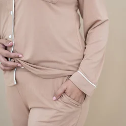 Long-Sleeved Women's Pajama Set in Latte with Cloud Trim