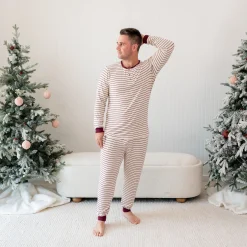 Men's Ribbed Henley Set in Burgundy Stripe