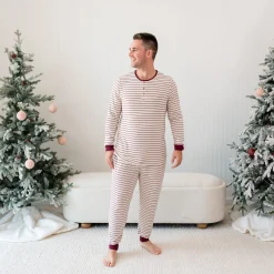 Men's Ribbed Henley Set in Burgundy Stripe