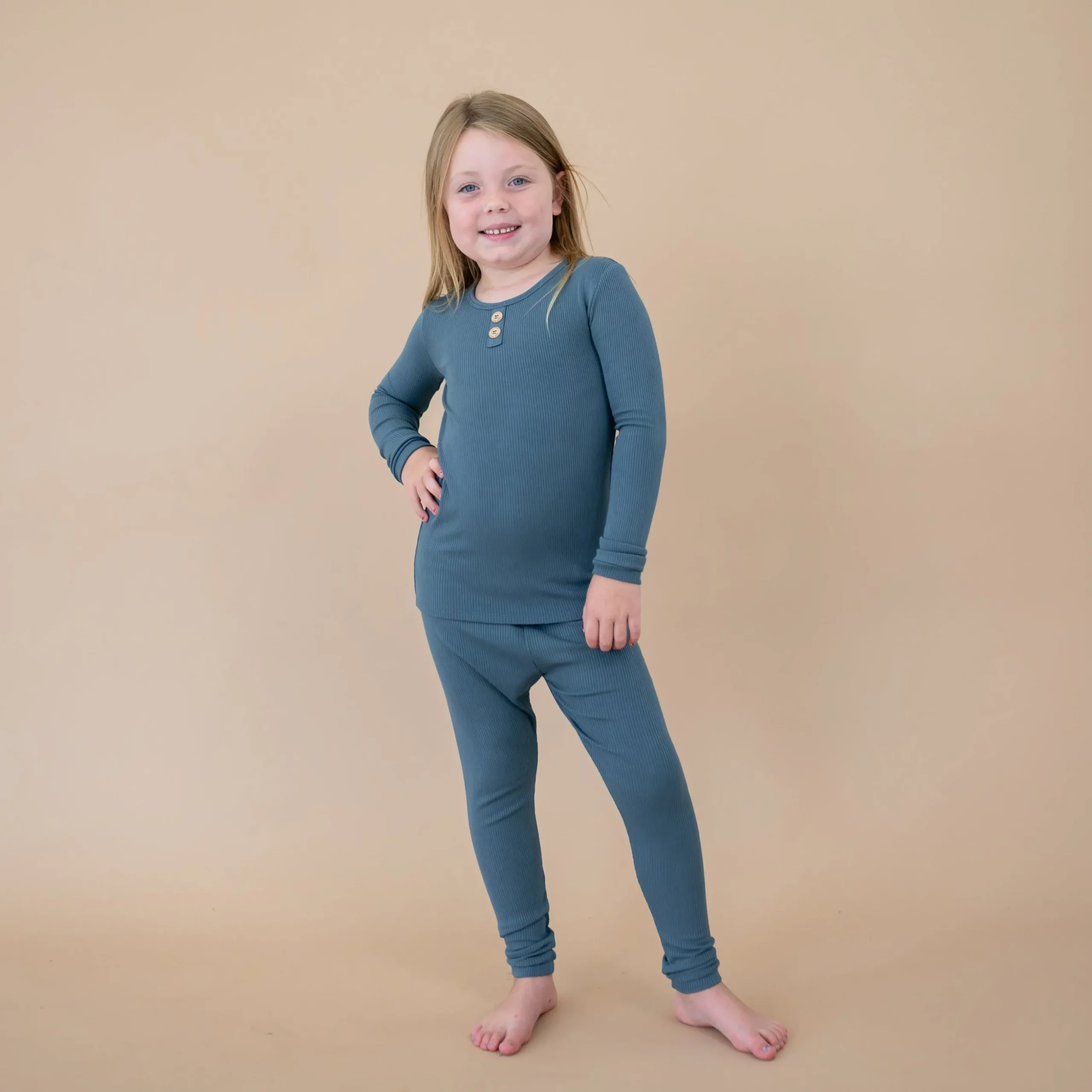 Ribbed Henley Set in Atlantic