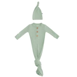 Ribbed Knotted Gown with Hat Set in Thyme