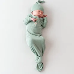 Ribbed Knotted Gown with Hat Set in Thyme