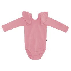 Ribbed Long Sleeve Ruffle Leotard in Apple Blossom