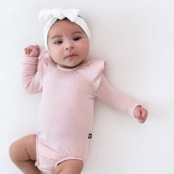 Ribbed Long Sleeve Ruffle Leotard in Blush