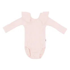 Ribbed Long Sleeve Ruffle Leotard in Blush