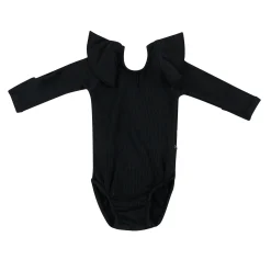 Ribbed Long Sleeve Ruffle Leotard in Midnight
