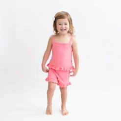 Ribbed Ruffle Tank Set in Guava