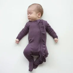 Ribbed Ruffle Zipper Footie in Currant