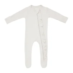 Ribbed Ruffle Zipper Footie in Oat