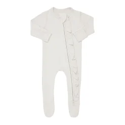 Ribbed Ruffle Zipper Footie in Oat