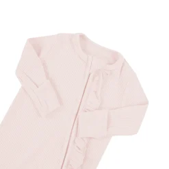 Ribbed Ruffle Zipper Footie in Blush