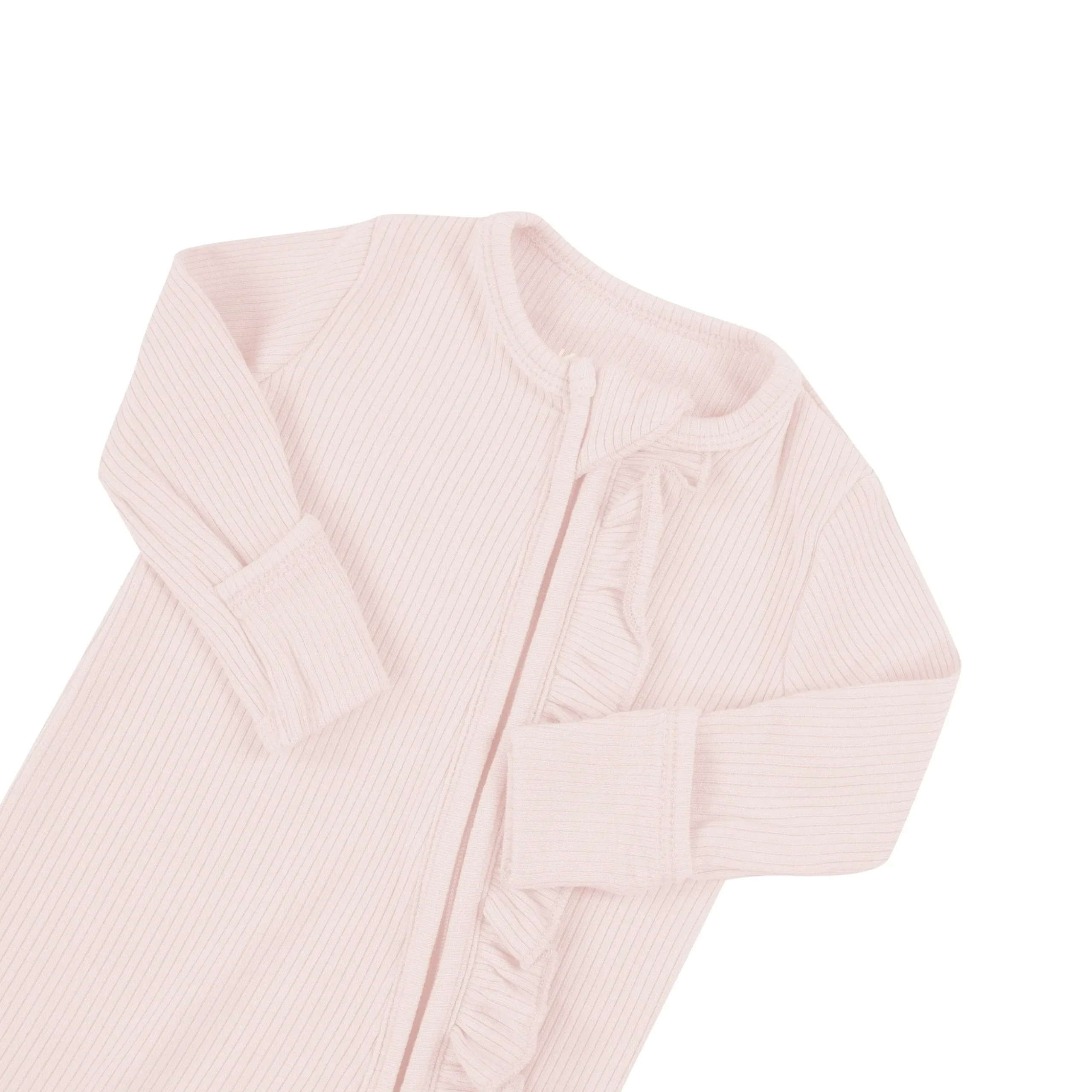 Ribbed Ruffle Zipper Footie in Blush