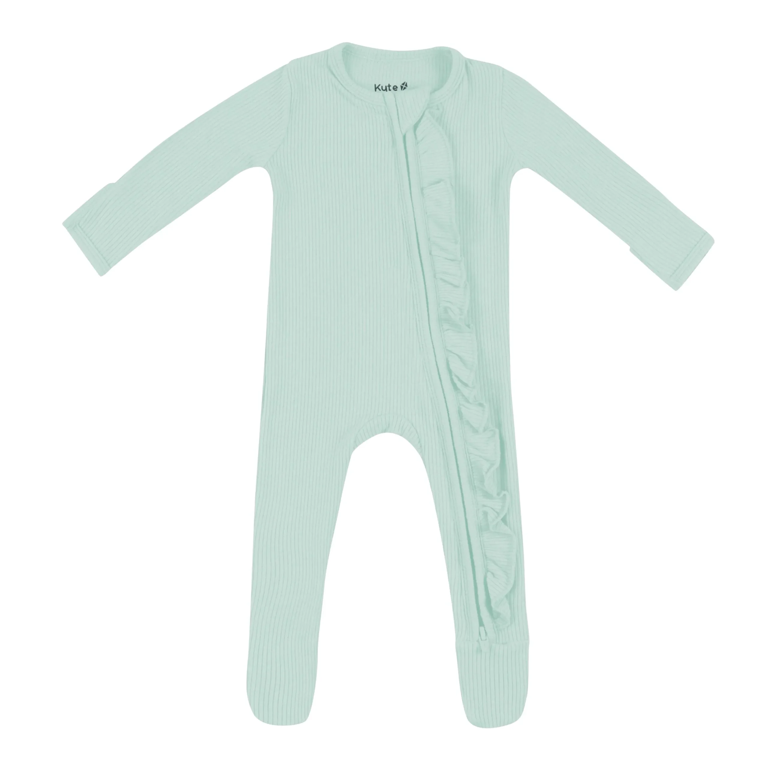 Ribbed Ruffle Zipper Footie in Sage
