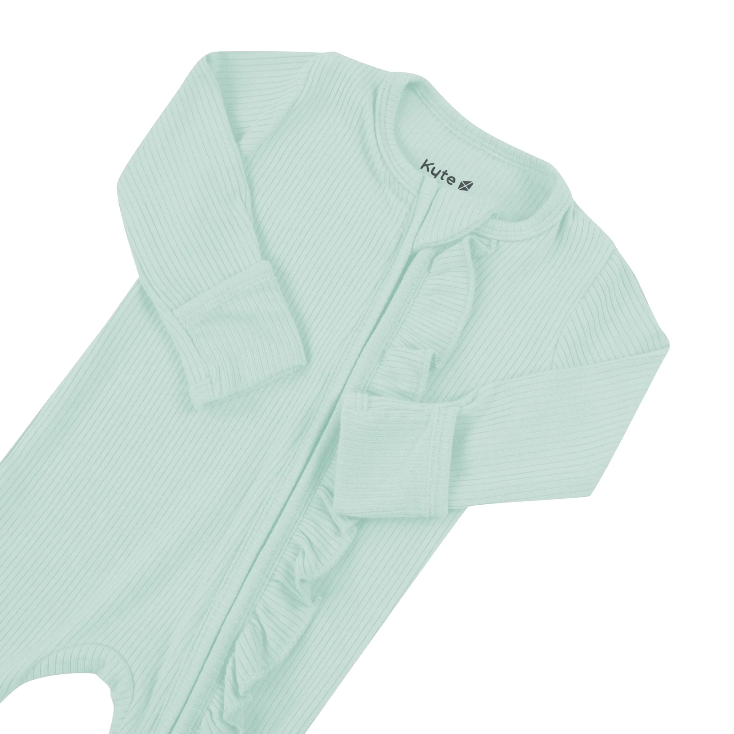 Ribbed Ruffle Zipper Footie in Sage