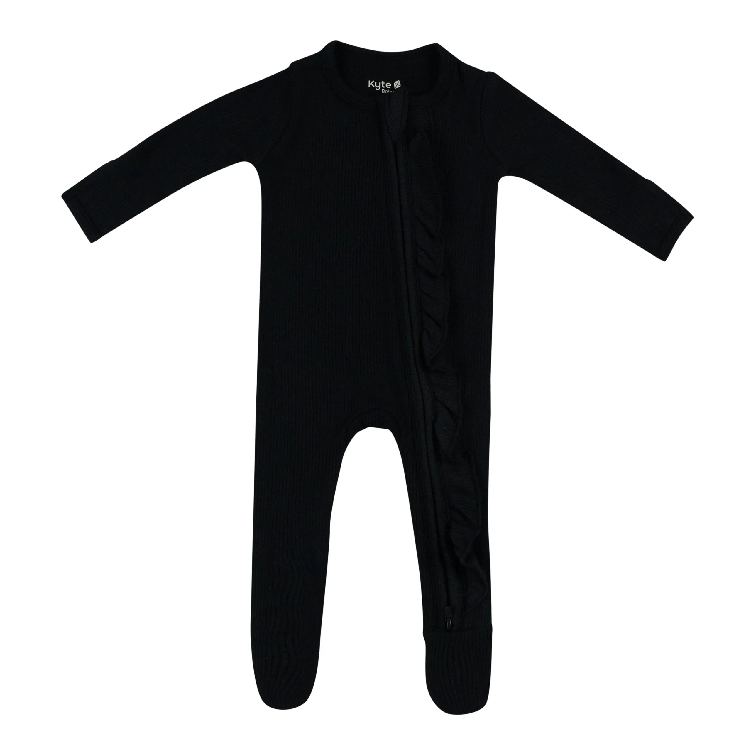 Ribbed Ruffle Zipper Footie in Midnight