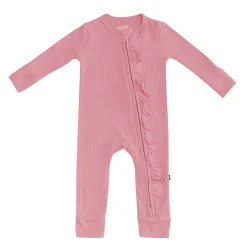 Ribbed Ruffle Zipper Romper in Apple Blossom
