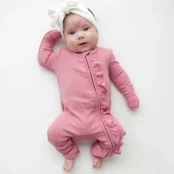 Ribbed Ruffle Zipper Romper in Apple Blossom
