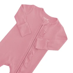 Ribbed Ruffle Zipper Romper in Apple Blossom