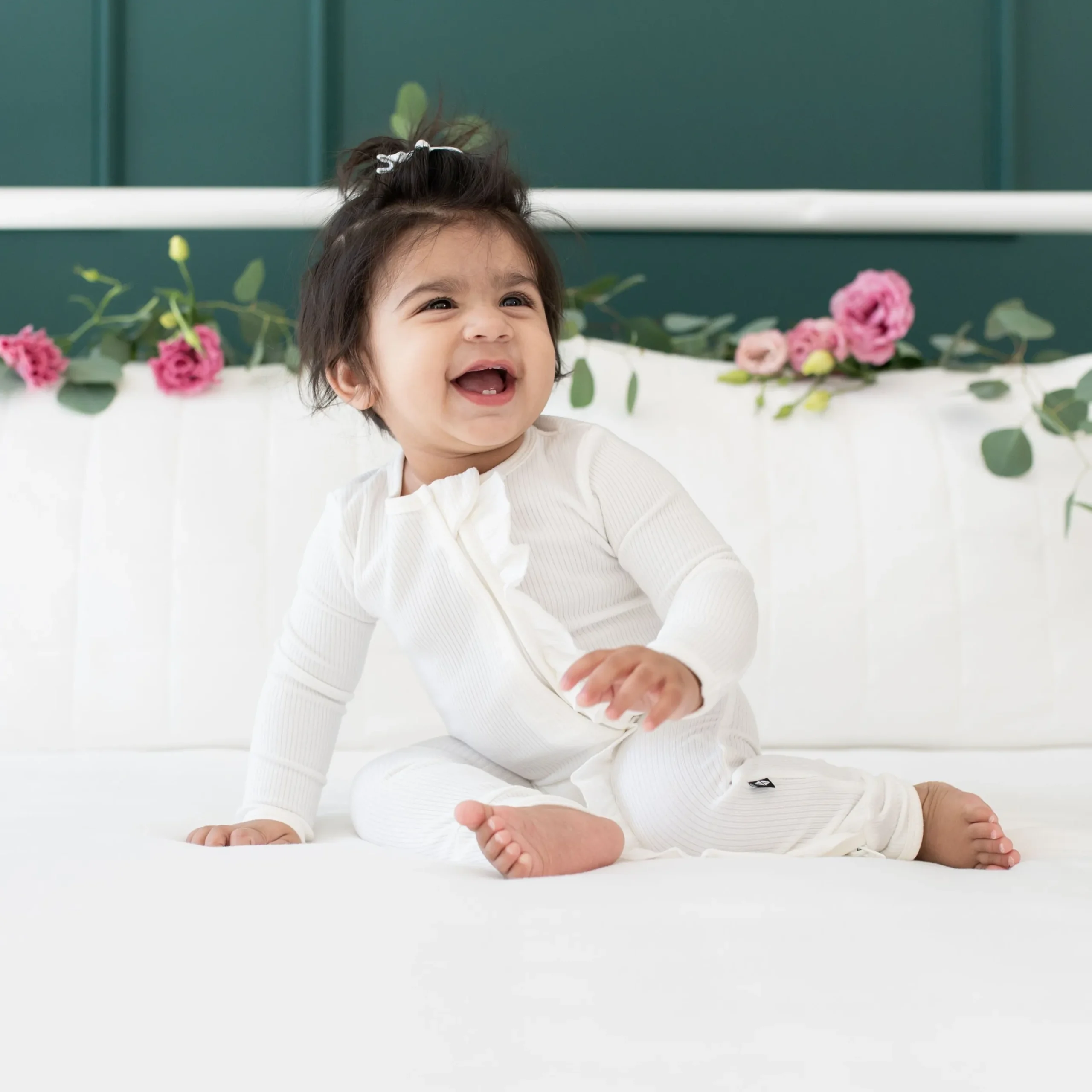 Ribbed Ruffle Zipper Romper in Cloud